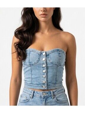 Light Wash Denim Button-Front Bustier Top
